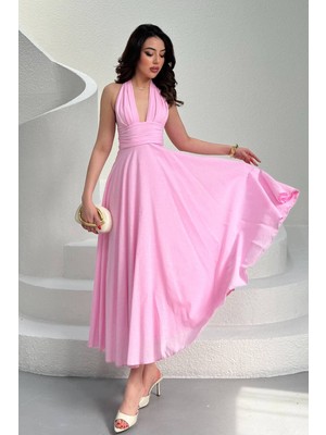 Maxi Modena Pembe Askılı Keten Elbise