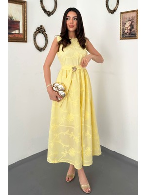 Maxi Modena Sarı Beli Büzgülü Kuşaklı Elbise