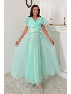Maxi Modena Mint Pelerin Detaylı Organze Elbise