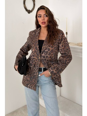 Maxi Modena Leopar Gold Kemerli Leopar Ceket