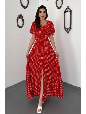Maxi Modena Kırmızı Puantiyeli Kloş Elbise