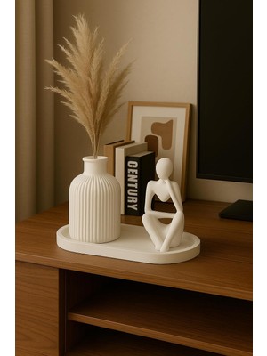 TemmuzX El Yapımı 3 Parça Dekoratif Set – Modern Insan Figürü Heykel ve Çizgili Vazo – Minimalist Masaüstü Dekor