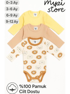 TemmuzX Myzi Store Yenidoğan Bebek Uzun Kollu Çıtçıtlı Body 3'LÜ%100 Pamuk Badi Zıbın Sarı-Capicino-Ayı Desenli 6-9 Ay