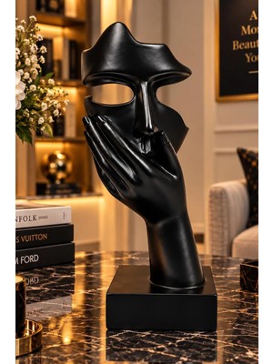 TemmuzX Siyah El ve Maske Figürü Modern Soyut Dekoratif Heykel Masaüstü Obje 5X16 cm 010-B