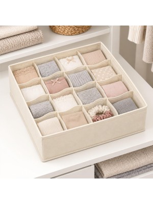 TemmuzX 6 Bölmeli Fermuarlı Kapaklı Bez Organizer 32 x 15 x 10 Cm, Katlanabilir Çekmece ve Dolap Içi Düzenleyici, Tekli