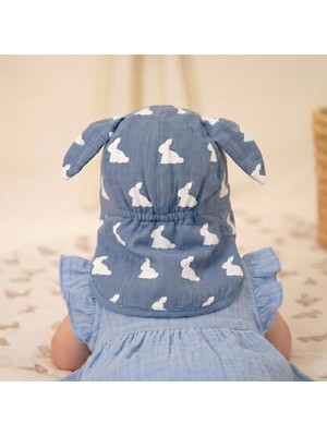 TemmuzX Müslin Ense Korumalı Bebek Şapka - Mono Lapin Royal Blue 0-6 Ay