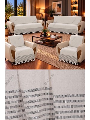 TemmuzX Buldan Işi Pamuk Dokuma Koltuk Çekyat Örtüsü Takımı (3+3+1+1) Kolları Örtmeyen Model - 170X210 cm - Kreme Gri