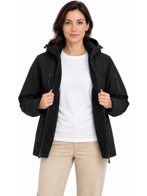 Aymora Su Geçirmez Softshell Içi Polar Astarlı Çıkarılabilir Kapüşonlu 4 Cepli Mont Ceket - Siyah
