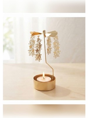 TemmuzX Dönen Mumluk Çiçek Zinciri Figürlü Altın Metal Tealight Mum Tutucu Dekoratif Hediye 15 cm