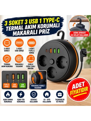 Marka Kolik 3 Adet Soket,3 Adet USB ve 1 Adet Type-C Girişli Termal Akım Korumalı Makaralı Priz 3395