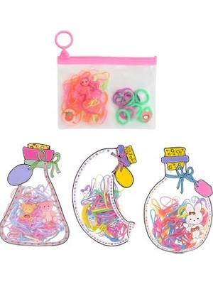 Myg Plus Asorti Renk ve Model Mini Saç Tokası Seti – 4 Paket Şeffaf Çanta ve Şişe Tasarımlı Kutuda Lastik Toka, Çocuklar ve Kız Çocukları Için, Karışık Neon Renklerde Yumuşak Elastik Saç Lastiği
