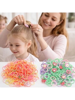 Asorti Renk ve Model Mini Saç Tokası Seti – 4 Paket Şeffaf Çanta ve Şişe Tasarımlı Kutuda Lastik Toka, Çocuklar ve Kız Çocukları Için, Karışık Neon Renklerde Yumuşak Elastik Saç Lastiği