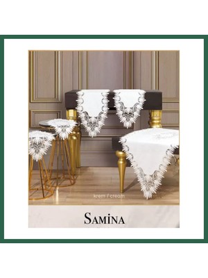 Vintessy Vıntessy Samina Model Krem Çeyizlik 5 Parça Keten Dantelli Masa Örtüsü Runner Seti Salon Takımı BZS01