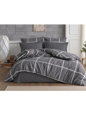 TemmuzX Lüks%80 Pamuklu Çift Kişilik Nevresim Takımı Seti Yorgan Kılıfı Gri Kare Beyaz Çizgi Desen 200X220 cm + Lastikli Battal Boy Çarşaf 180X200X30 cm +2 Ya