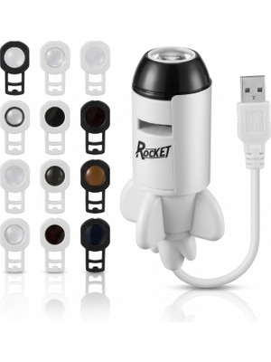 TemmuzX Roket USB Projeksiyon Gece Lambası - 360° Esnek Bükülebilir Hortumlu, Odak Ayarlı Optik Lensli, Değiştirilebilir Gezegen & Dinozor Slayt Kartlı Çocuk