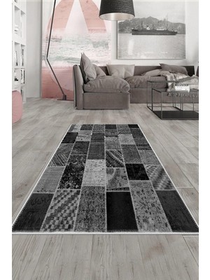 TemmuzX On The Clouds Gri Patchwork Kırkyama Desenli Yıkanabilir Kaymaz Taban Leke Tutmaz Modern Salon Halısı ve Yolluk Ayhmod4, 80 x 350