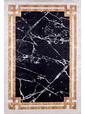 TemmuzX Siyah Mermer Desenli Modern Kaymaz Taban Salon Halısı Dijital Baskı