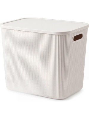 TemmuzX ® Kapaklı Çok Amaçlı Saklama Kutusu 24 Litre - 37X26X33 cm Çizgili Düzenleyici Mutfak Banyo Giysi Sepeti (Beyaz)
