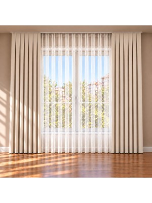 TemmuzX Ada Fon ve Bambu Tül Perde Seti, 3 Parça, Kornişe Hazır, Siparişe Özel Dikim, Taş Rengi, Tül 300X250 Cm, 2 Fon 80X250 Cm, Bağlama Kolsuz