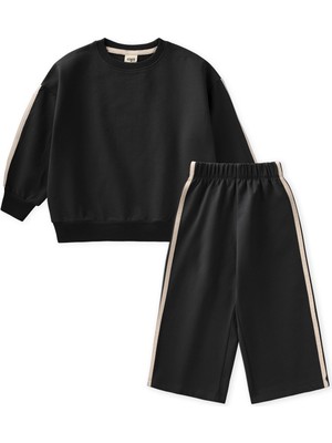 Cigit Şerit Detaylı Sweatshirt Takım 2-10 Yaş Siyah