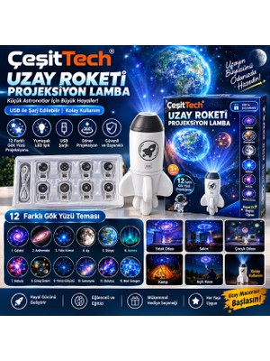 TemmuzX Çeşittech Uzay Roketi Projeksiyon Gece Lambası, 12 Farklı Gökyüzü ve Gezegen Teması, USB Bağlantılı Yıldız Projektörü