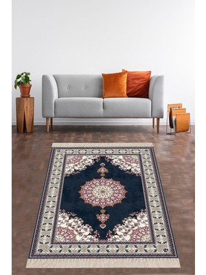 TemmuzX Pelangi Osmanlı Motifler Desenli Dijital Baskı Yıkanabilir Kaymaz Taban Leke Tutmaz Etnik Salon Halısı, Lacivert-Pembe 120 x 200