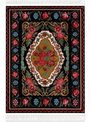 TemmuzX Vintage Halı V-6009 Klasik Çiçek Desenli Kaymaz Tabanlı Yıkanabilir Halı, Siyah Zemin Üzerine Kırmızı Gül Motifli, 80 x 200 cm