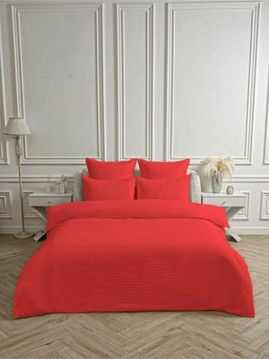 TemmuzX Line Kırmızı Pamuk Saten Çift Kişilik Nevresim Takımı 200X220 cm Lastiksiz Çarşaflı 4 Parça, Lineciftnevtak