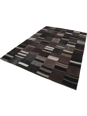 TemmuzX Kahverengi Geometrik El Dokuma Salon Kilimi Modern Patchwork Tek Parça
