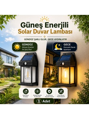 TemmuzX Solar Güneş Enerjili LED Duvar Lambası Hareket Sensörlü 3 Modlu 3000K Sarı Işık Bahçe Aydınlat Aplik