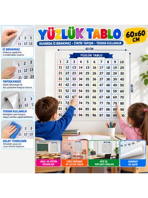 Marka Kolik Matematik Öğreten Yüzlük Tablo Duvarda Iz Bırakmaz Akıllı Kağıt Yapışkansız Statik 60X60 cm