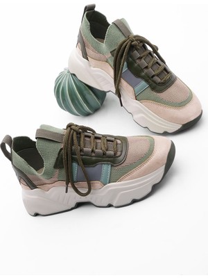 Marjin Kadın Sneaker Yüksek Taban Triko Spor Ayakkabı Volente Haki