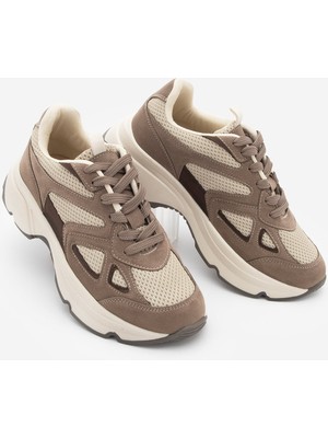 Marjin Kadın Sneaker Yüksek Kalın Taban Çok Parçalı Bağcıklı Spor Ayakkabı Volina Vizon Süet