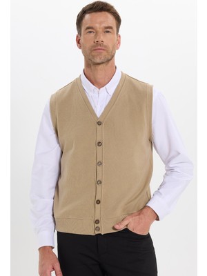 Tudors Erkek Regular Fit Klasik Kesim V Yaka sıfır Kol Düğmeli Selanik Kumaş Sarı Yelek
