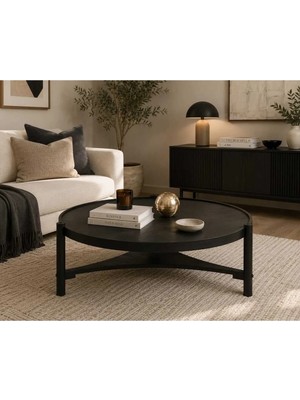Klass Dekor Ceviz/ Meşe/ Siyah/ Beyaz Renk Masif Doğal Ahşap Modern Iskandinav Tasarım Clover Salon Yuvarlak Orta Sehpası 100 x 46 cm