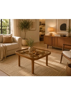Klass Dekor Ceviz/ Meşe/ Beyaz/ Siyah Temperli Cam Masif Ahşap Balkon- Hol- Koridor- Mutfak- Salon- Ofis Kare Soft Yan Sehpa 60 x 60CM