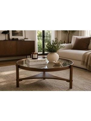 Klass Dekor Ceviz/ Meşe/ Beyaz/ Siyah Renk, Temperli Cam , Masif Doğal Ahşap Modern Iskandinav Tasarım Clover Salon Yuvarlak Orta Sehpası 100 x 46 cm