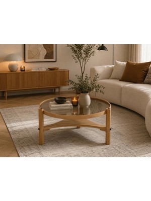 Klass Dekor Ceviz/ Meşe/ Beyaz/ Siyah Temperli Cam Masif Ahşap Balkon- Hol- Koridor- Mutfak- Salon- Ofis Yuvarlak Clover Yan Sehpa Çap 60 cm