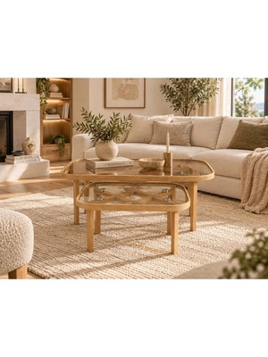 Klass Dekor Ceviz/ Meşe/ Siyah/ Beyaz Renk Temperli Cam Masif Doğal Ahşap Modern Iskandinav Jasmin Camlı 2'li Orta Sehpa Set