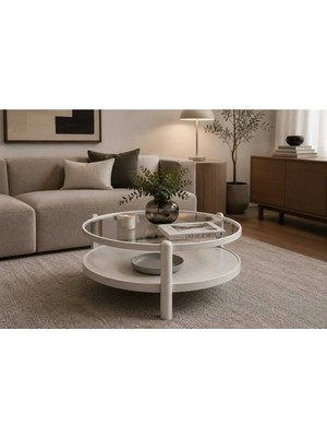 Klass Dekor Ceviz/ Meşe/ Beyaz/ Siyah Renk, Temperli Cam , Masif Doğal Ahşap Modern Iskandinav Tasarım Golf Salon Yuvarlak Orta Sehpası 100 x 48 cm