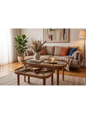Klass Dekor Ceviz/ Meşe/ Siyah/ Beyaz Renk Temperli Cam Masif Doğal Ahşap Modern Iskandinav Jasmin Camlı 2'li Orta Sehpa Set