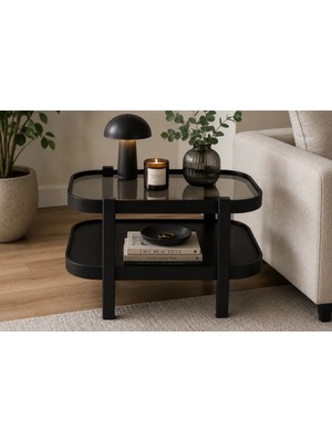 Klass Dekor Ceviz/ Meşe/ Beyaz/ Siyah Temperli Cam Masif Ahşap Balkon- Hol- Koridor- Mutfak- Salon- Ofis Dikdörtgen Togg Yan Sehpa 45 x 60 cm