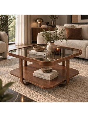 Klass Dekor Ceviz/ Meşe/ Beyaz/ Siyah Temperli Cam Masif Ahşap Balkon- Hol- Koridor- Mutfak- Salon- Ofis Bonello Camlı Orta Sehpa 80 x 80 cm