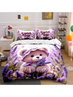 TemmuzX Nevresim Takımı 200 x 220 Lila Ayıcık Nevresim Takımı, Fermuarlı, Fermuarlı, Yetişkinler ve Çocuklar Için, Yumuşak, Nefes Alan Mikrofiber Nevresim + 2