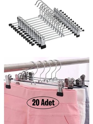 Ezmk Ev Gereçleri Mandallı Metal Pantolon Askısı, Ayarlanabilir Mandallı Etek Askısı, Gümüş Renk, 20 Adet
