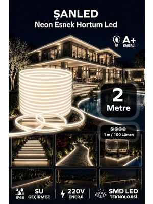 TemmuzX Neon Esnek Hortum Şerit LED Beyaz,gün Işığı,kırmızı, Yeşil,mavi,amber Rengi + 220V FIŞ/1,2,3,4,5,10,15,20,25,50,100 Metre (Gün Işığı, 2m)