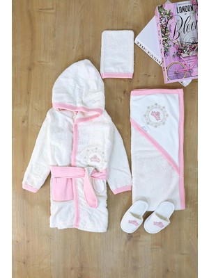 TemmuzX Kız Bebek Pembe Dantelli Lüks Bornoz Havlu SETI%100 Pamuk 4'lü Premium Bebek Hediyesi STL7296