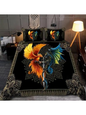 TemmuzX Nevresim Takımı 200 x 220 Ejderha ve Phönix Fermuarlı Nevresim Takımı, Yetişkinler ve Çocuklar Için, Yumuşak, Nefes Alan Mikrofiber Nevresim + 2 Yastı