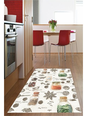 TemmuzX Pelangi Baharat ve Sebze Desenli Dijital Baskılı Kaymaz Taban Yıkanabilir Leke Tutmaz Mutfak Halısı, Krem 160 x 240