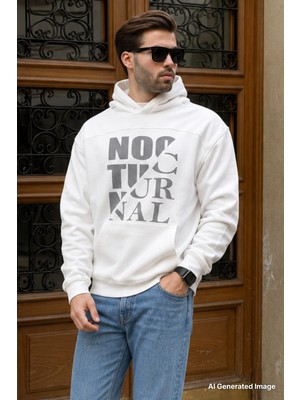 Madmext Ekru Baskılı Kapüşonlu Cep Detaylı Erkek Sweatshirt 7062